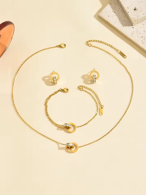 Roman Fashion Double Ring Necklace Bracelet Earring Set Women's Jewelry