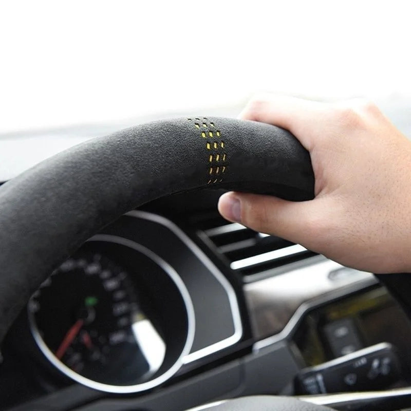 Black Car Steering Wheel Cover Alcantara Universal Cowhide Suede Steering Wheel Cover Suitable for 99% Car Accessories Interior