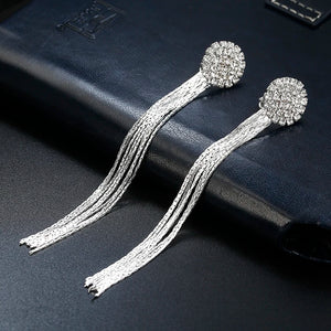 2023 Luxury Silver Long Tassel Full Rhinestone Clip on Earrings for Women‘s Without Piercing Wedding Bridal Party Jewelry Gift