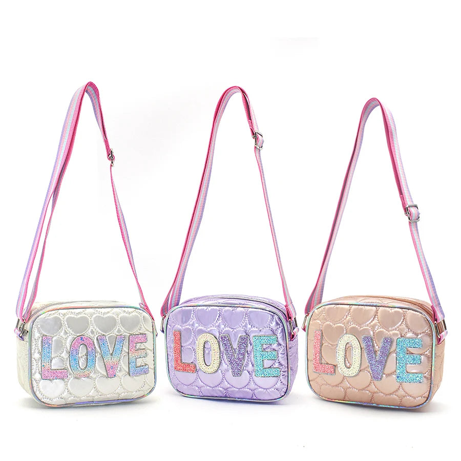 Mini Messenger Heart Shaped 3D Embroidered Crossbody Bag Kids Girls Mobile Phone Bag LOVE Sequin Holiday Gift