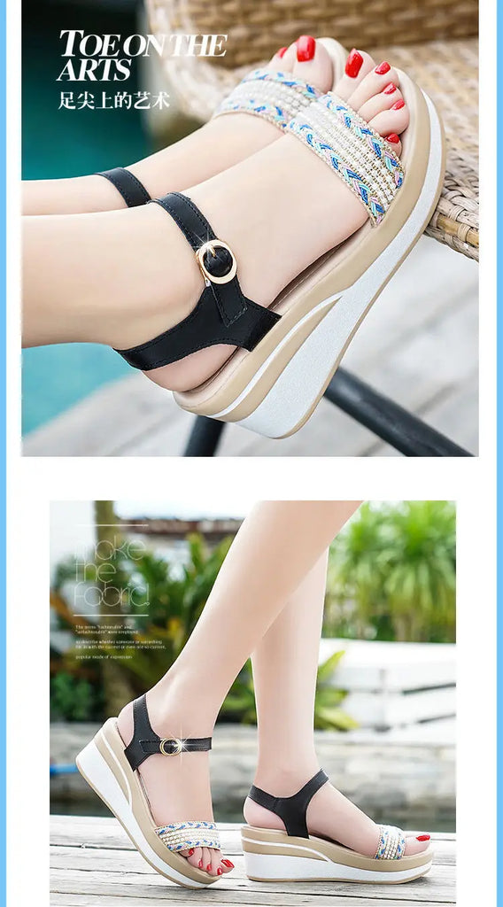 Ladies Shoes Wedges Heel Footwear Wedge with Platform Waterproof Summer 2024 Rhinestones Sandals for Women Outdoor Pumps Diamond