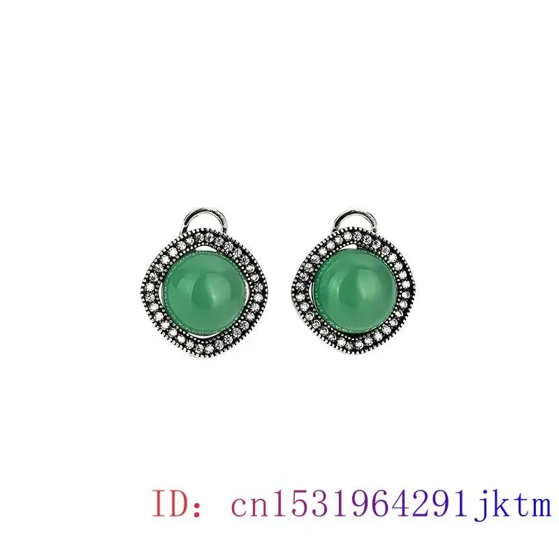 Green Jade Earrings Chinese Accessories Real Jewelry Jadeite Charm Natural 925 Silver Charms Amulet Vintage Carved Women Luxury