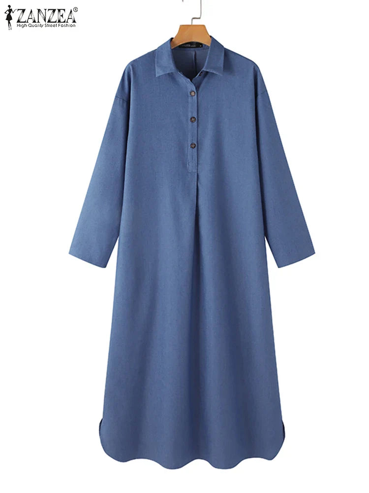 ZANZEA Women 2024 Spring Long Shirt Dress Oversize Long Sleeve Robe Vintage Denim Blue Dresses Casual Loose Buttons Up Vestidos