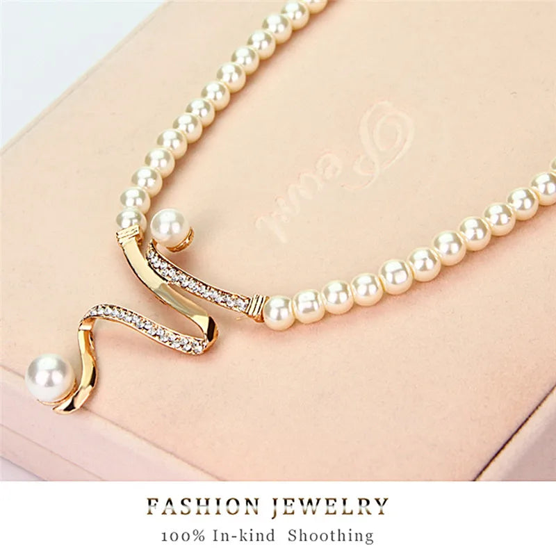 Elegant Women Bridal Wedding Party Pearl Rhinestone Necklace Earrings Jewelry Set New Fashion