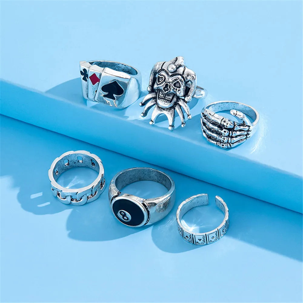 Set exaggerated ring skull poker clown number joker shape punk personalized ring y2k accessories goth skeleton men jewelry
