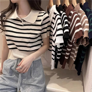 Women Contrast Color Striped Polo Collar T-shirt Casual Short Sleeved Elastic Tops Summer Female Vintage Simple Tees Knit Shirt