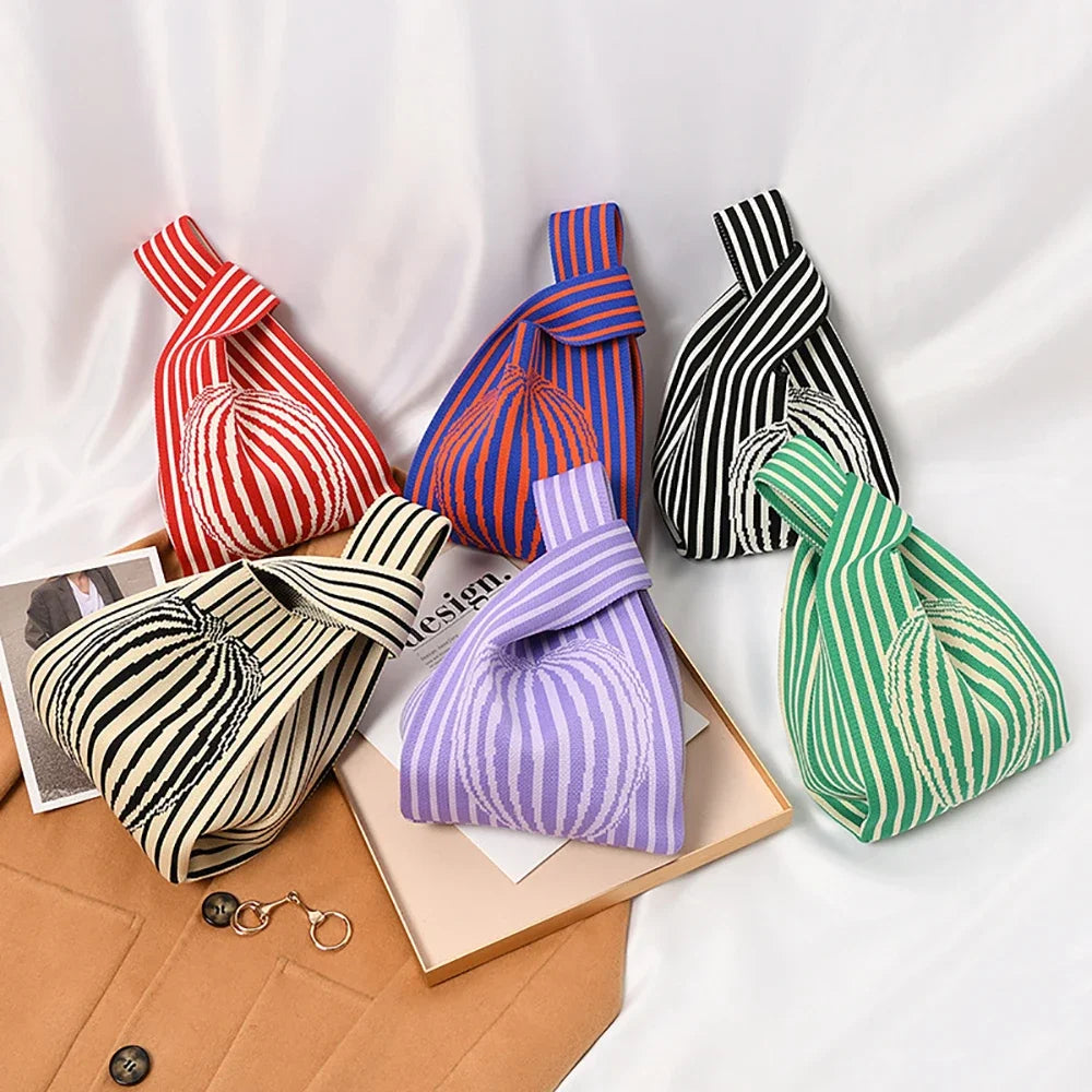 Handmade Knit Handbag Women Mini Knot Wrist-bag Female Casual Color Wide Stripe Plaid Tote Bag Student Reusable Shopping Bag