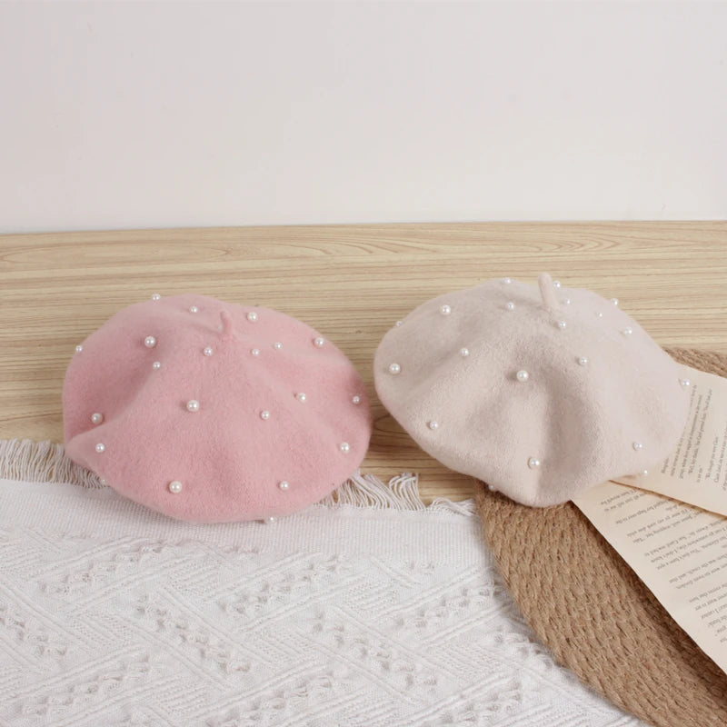 Wool Kids Girls Hat with Pearls Retro Baby Beret Hats for Girls Autumn Kids Winter Cap for Children Accessories 2-6Y