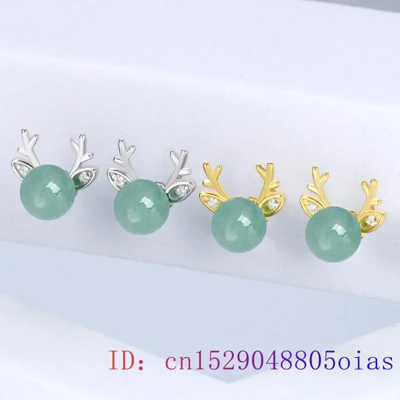 Nephrite Jade Deer Earrings Carved Charm Designer Amulet Ear Studs Energy Gift Natural 925 Silver Amulets Gemstones Green