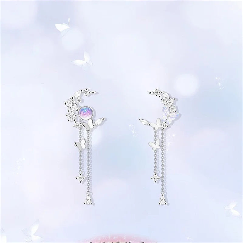 Delicate cute zircon moon tassel butterfly stud earrings for women korean new fashion asymmetric earrings girls party jewelry