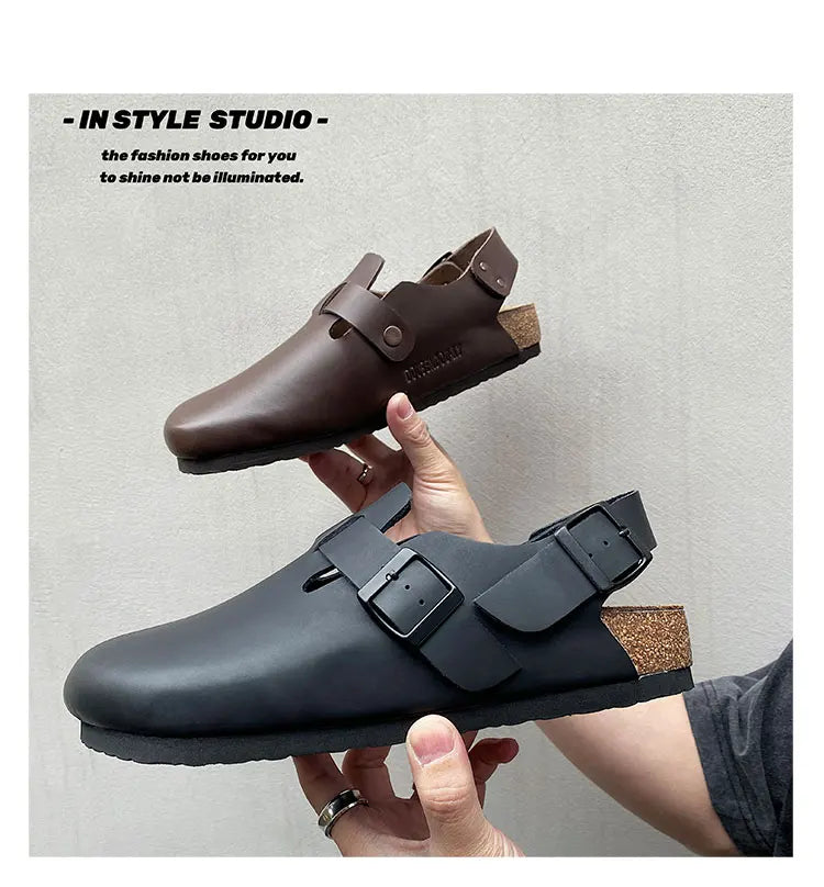 Double buckle genuine leather Birken shoes cork for men height increasing couple shoes sandals, versatile one shoe dual-use