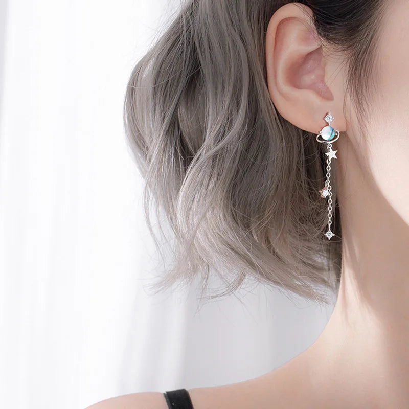 CIAXY Silver Color Star Earrings for Women Blue Space Universe Planet Zircon Circle Long Earrings Korean Fashion Jewelry