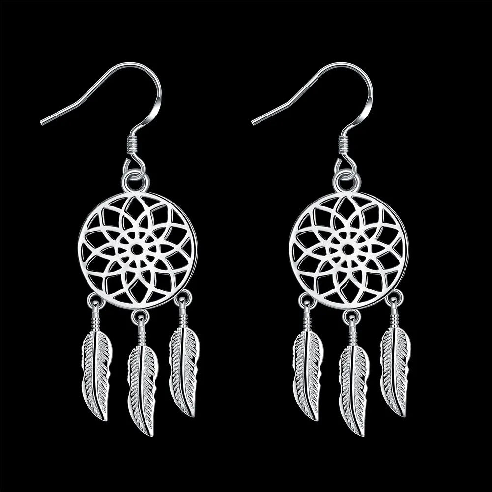Fine cute 925 Sterling Silver fine Dream catcher feathers earrings for woman fashion designer party wedding Jewelry gifts