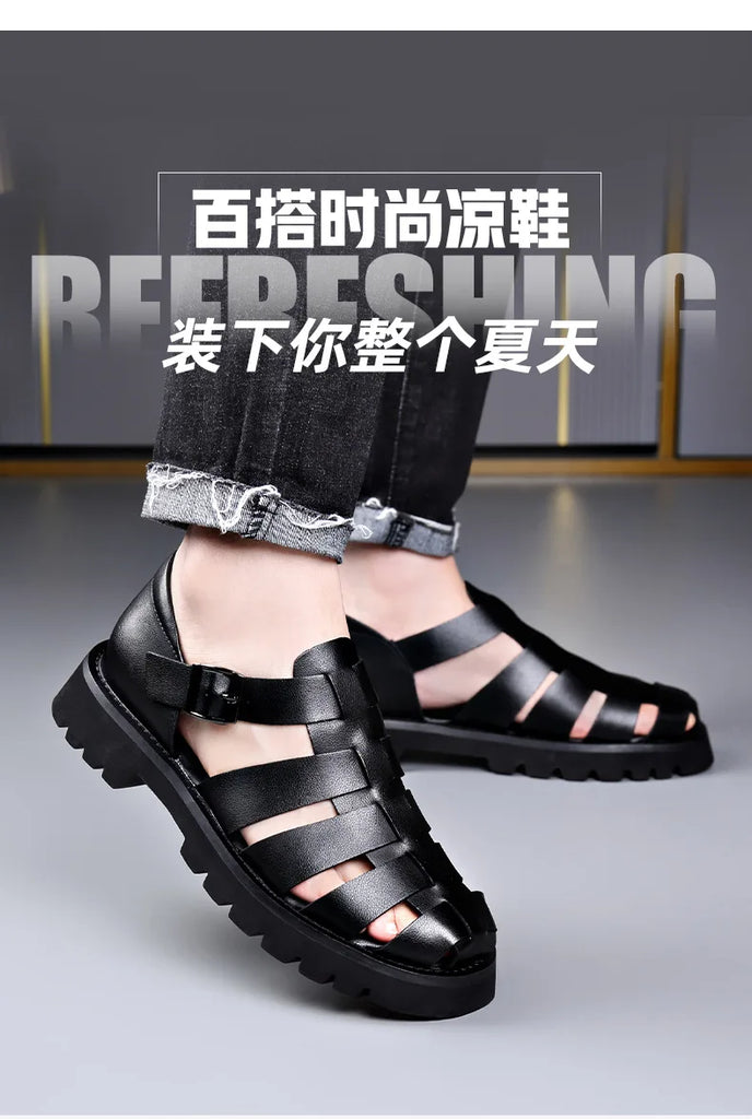 Summer Gladiator Sandals New Breathable Casual Men Genuine Leather Sandals Hollow Beach Shoes Men Black Sizes 38-48 Men sandals