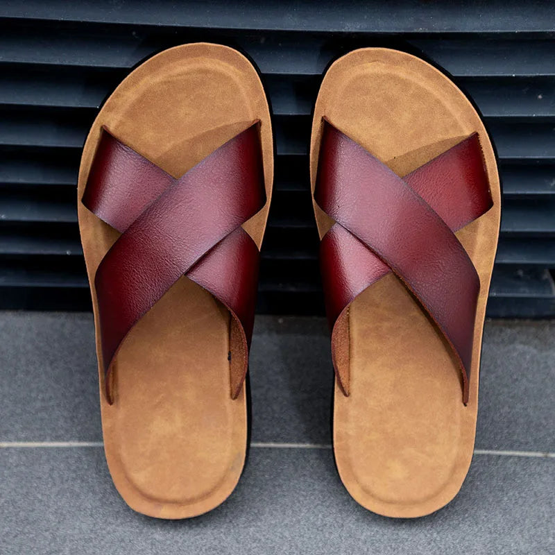 2023 Fashion Men Real Leather Slippers Summer New Black White/red/yellow Cross Over Slippers Men's Leisure Comfort Flat Sandals