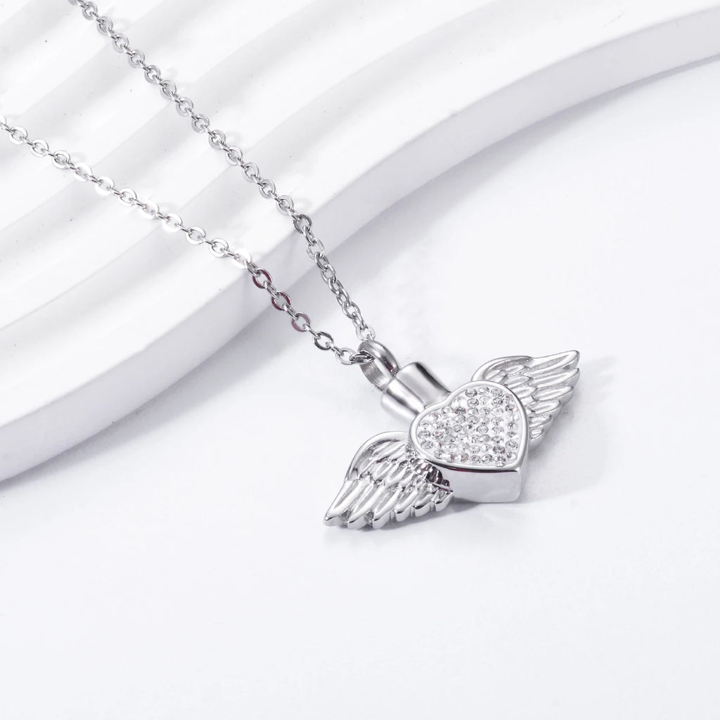 Heart with Angel Wings Stainless Steel Cremation Jewelry Necklace Urn Memorial Keepsake Pendant for Ashes with Funnel Fill Kit