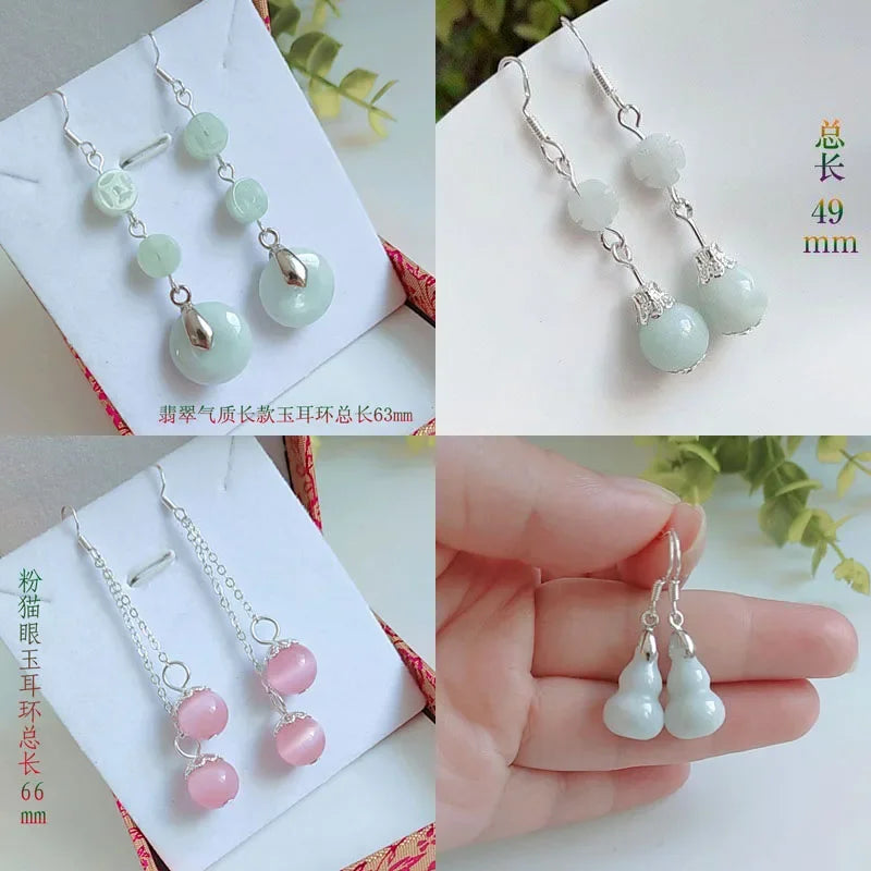 925 silver natural emerald gourd love water drop lotus beads earrings charm jewellery accessories diy hand carved woman amulet