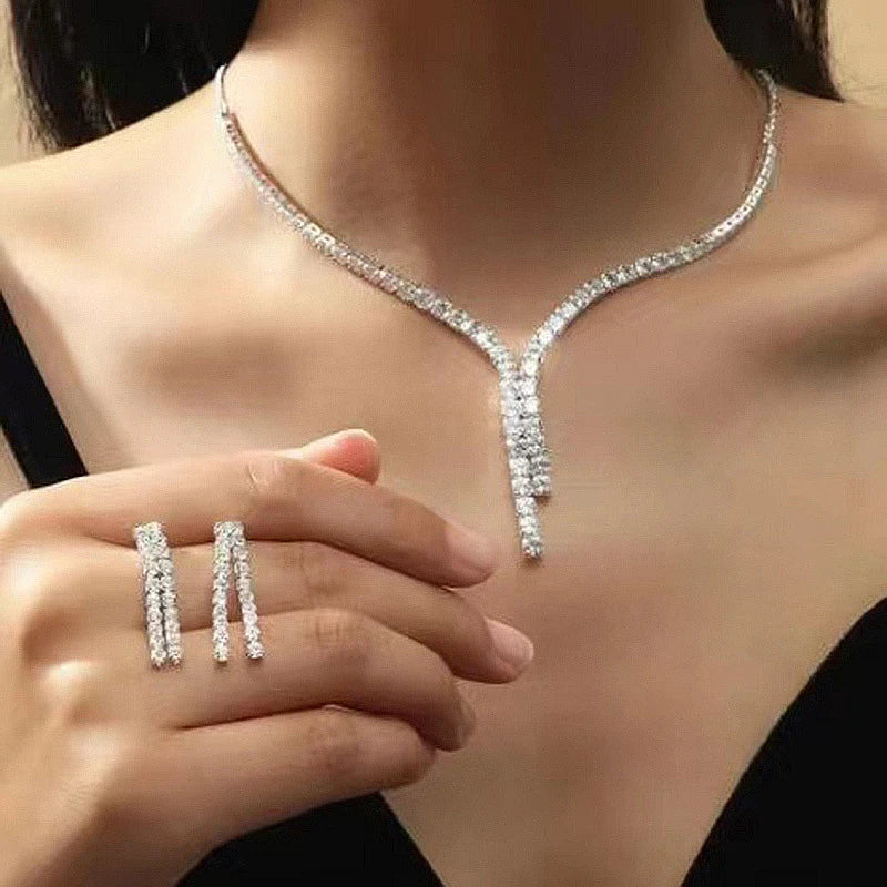 2pcs simple geometric zircon necklace earrings kit for women wedding bride jewelry set accessories gift