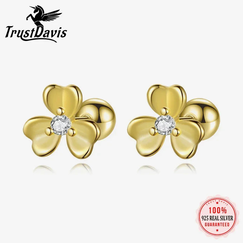 TrustDavis Real 925 Sterling Silver Flowers Dazzling CZ Stud Earrings Women Girls Daughter Birthday Party Gift Jewelry DS4307