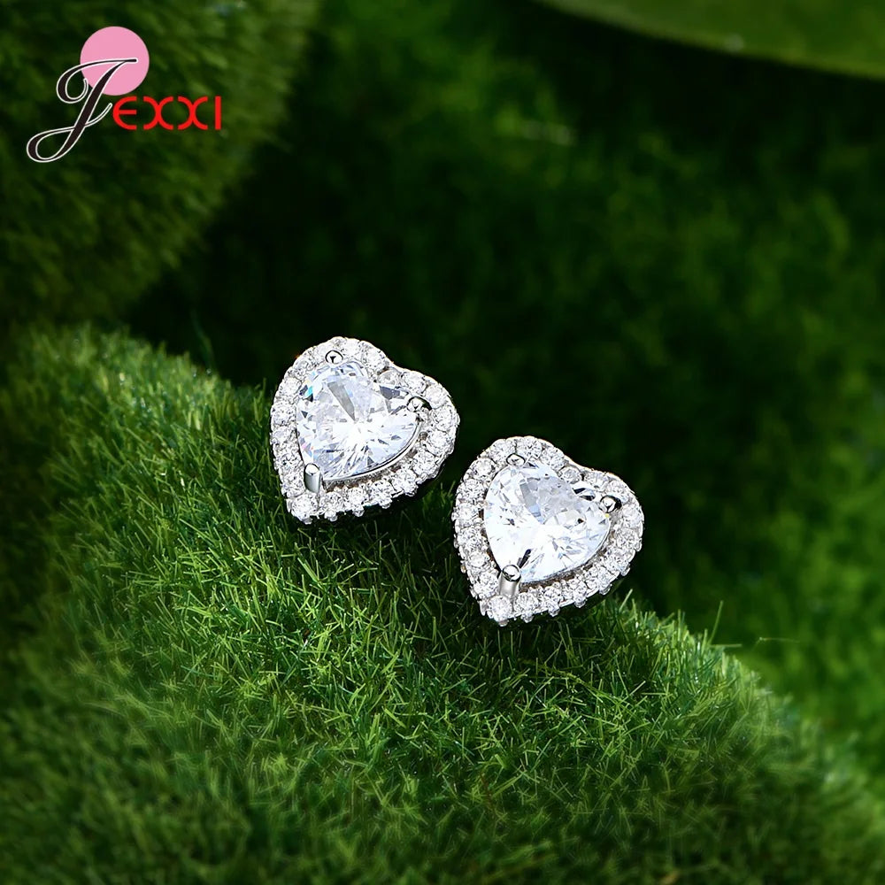 Romatic Birthday Valentines Day Gift Luxury 925 Sterling Silver Jewelry Sets Full Cubic Zircon Heart Ring Necklace Earrings