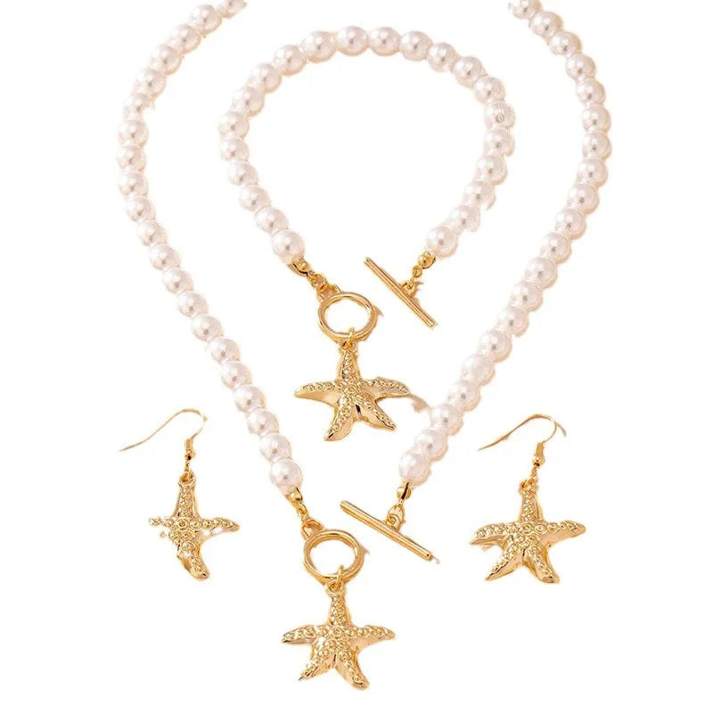 Pearl starfish pendant necklace bracelet earrings elegant and fashionable daily banquet jewelry gift set 2024