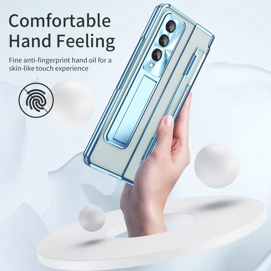 Case For Samsung Galaxy Z Fold 6 5 4 3 Z Fold4 5G Case One-Piece Plating Transparent Case With Stand And Screen Protector Luxury