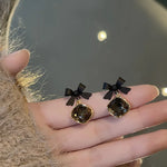 Load image into Gallery viewer, Fashion Black Bow Crystal Square Pendant Stud Earrings for Women Elegant Temperament Ladies Party Birthday Gifts High Jewelry
