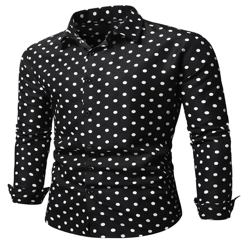 2024 Summer Men s Long Sleeve Button Up Shirt with Black White Polka Dots Casual Fashion