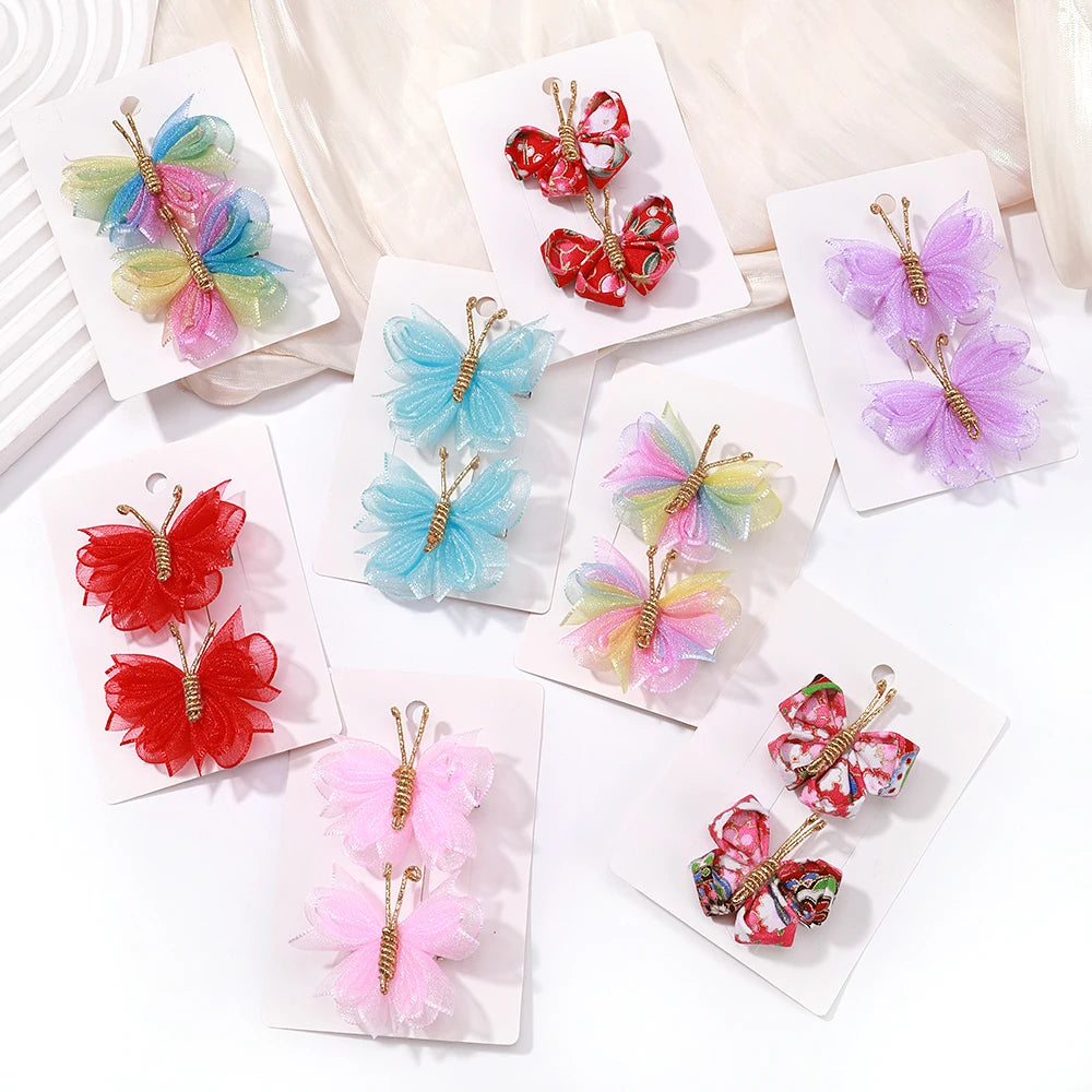 2pcs/set Butterfly Hair Clip Gradient Flocking Hairpins with Gold Color Cute Gauze Headwear Girls Children Hair Accessories Gift