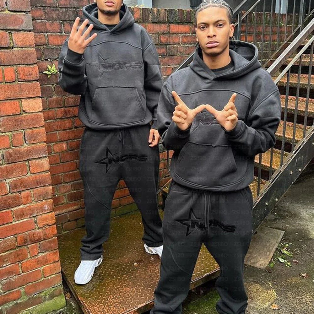 Harajuku Hoodies Men Y2k Hip Hop Leeter Graphic Print Hooded Sweatshirt Punk Rock Oversized Pullovers Baggy Sweatpants Suits