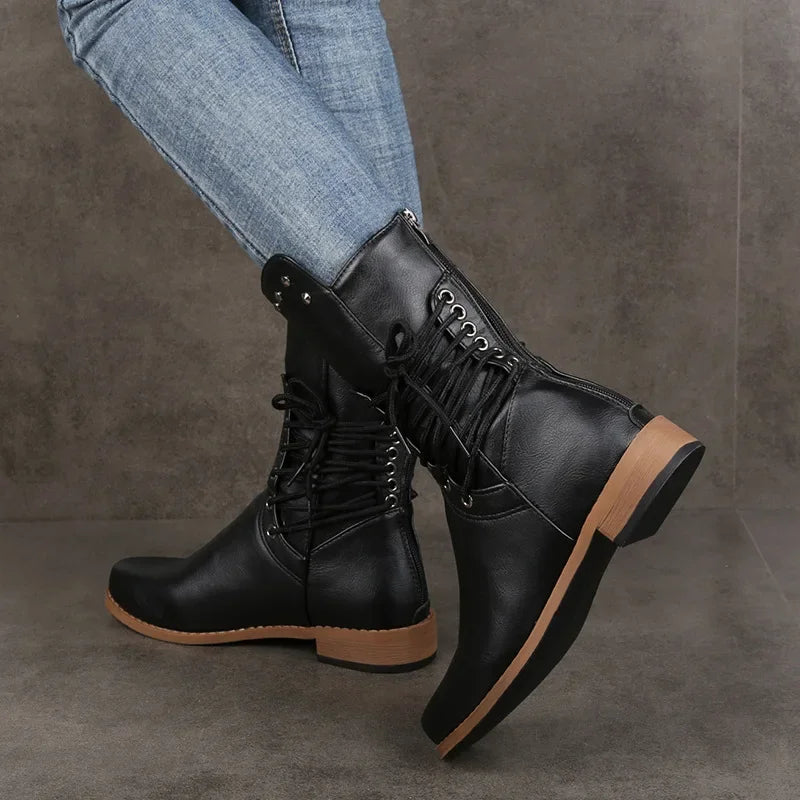 Woman Mid Calf Boots Women Lace Up Rivet Low Heels Female Zip Footwear Ladies Leather Short Boots Women's Shoes Plus Size