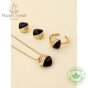 Design light luxury black onyx necklace 925 sterling silver geometric zircon earrings asymmetric open ring