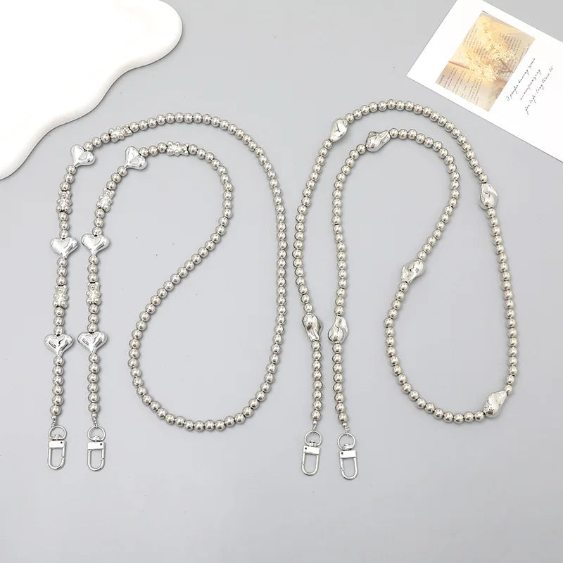 Fashion Metal Mobile Phone Chain Silver Heart Beaded Long Corssbody Lanyard Strap For Women Phone Bag Bag Cup Hanging Chain