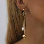 Load image into Gallery viewer, Original Design Imitation Pearl Long Tassel Drop Dangle Earrings for Women Luxury Gold Color Stainless Steel Ball Stud Jewelry
