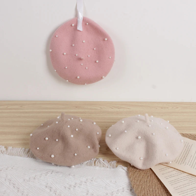 Wool Kids Girls Hat with Pearls Retro Baby Beret Hats for Girls Autumn Kids Winter Cap for Children Accessories 2-6Y