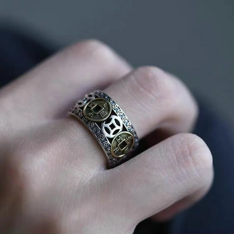 Transfer Evil Spirits Thai Silver Five Emperors Coin Copper Coin Ring Opening Adjustable Index Finger Rings