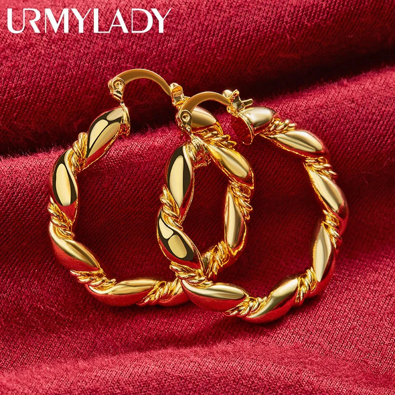 URMYLADY Round Twist Hoop Earrings 24K Gold For Women Charm Wedding Engagement Fashion Party Jewelry