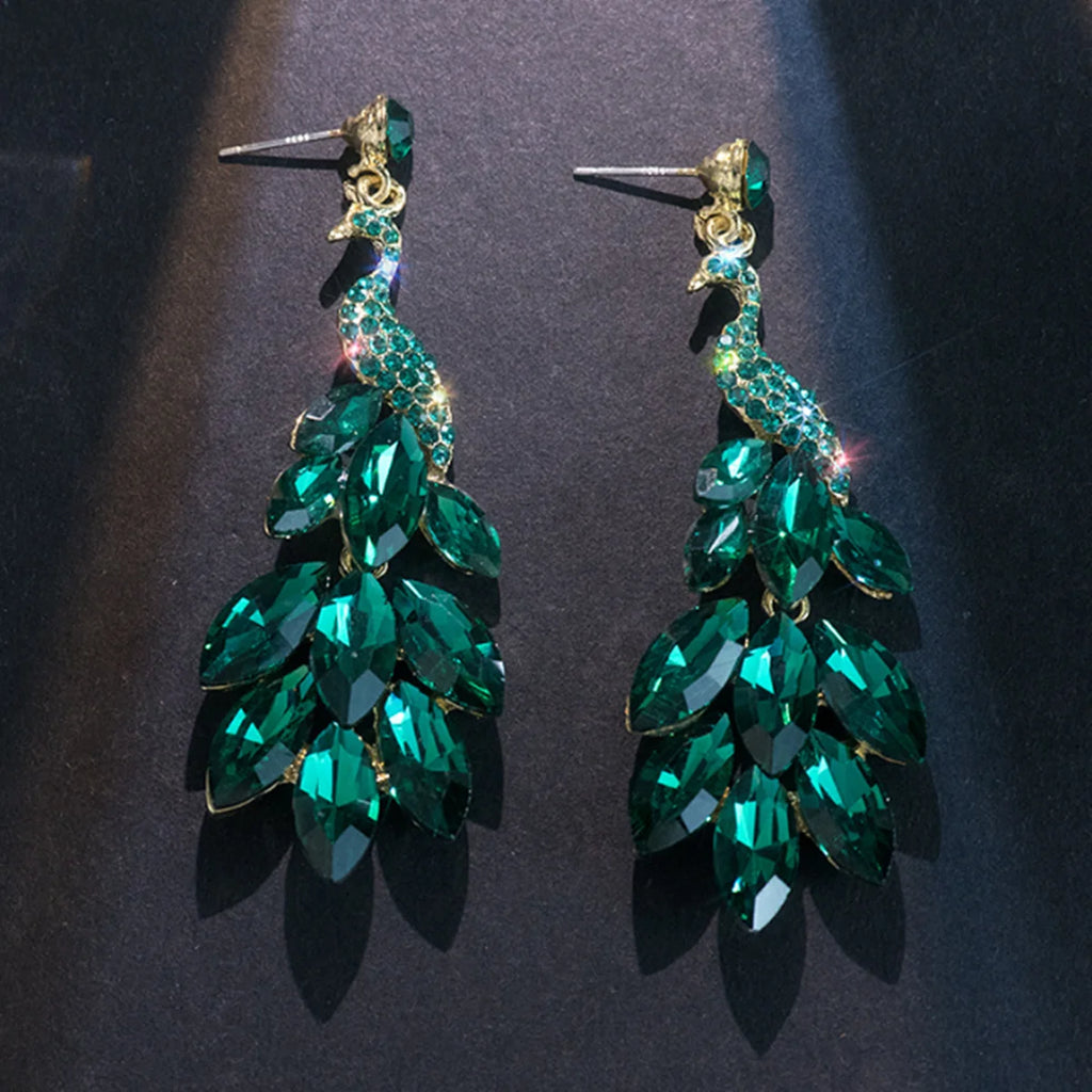 FYUAN Vintage Green Peacock Crystal Earrings for Women Long Tassel Earring Weddings Jewelry