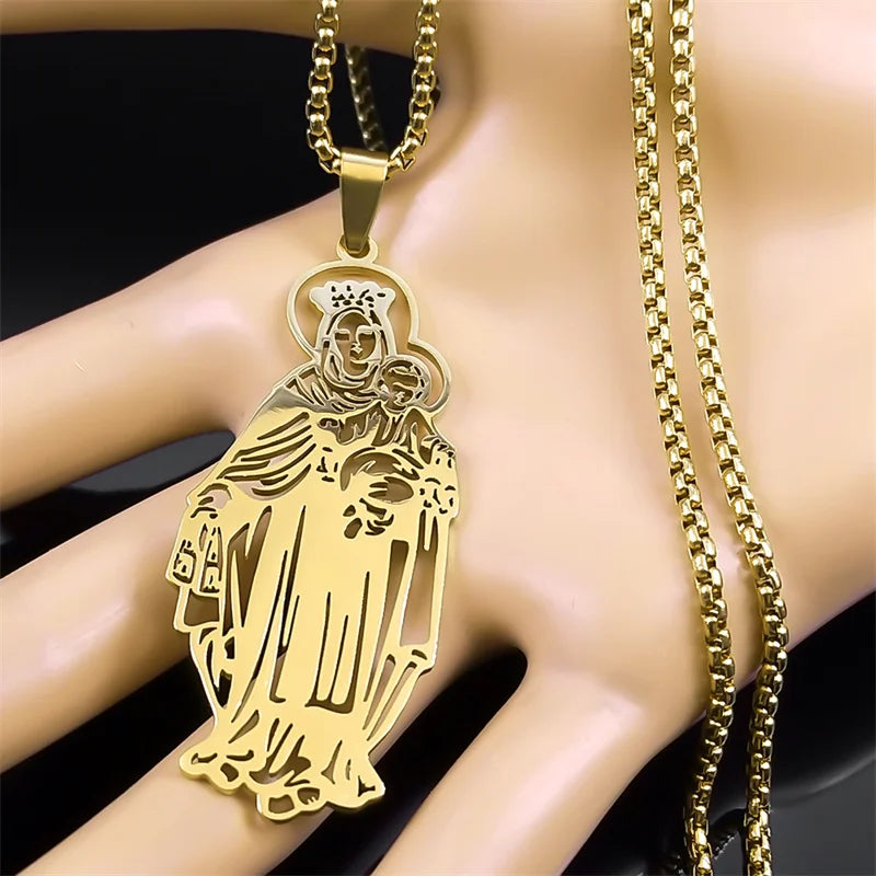 The Virgin Mary of Christian Jesus Necklace for Women Men Stainless Steel Gold Color Catholicism Sacred Jewlery joyas NZZZ508S01