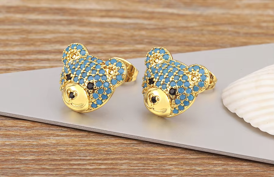 Nidin New Arrival Fashion Cute Zircon Little Bear Stud Earrings 8 Colors For Women Girls Ear Jewelry Accessories Delicate Gifts