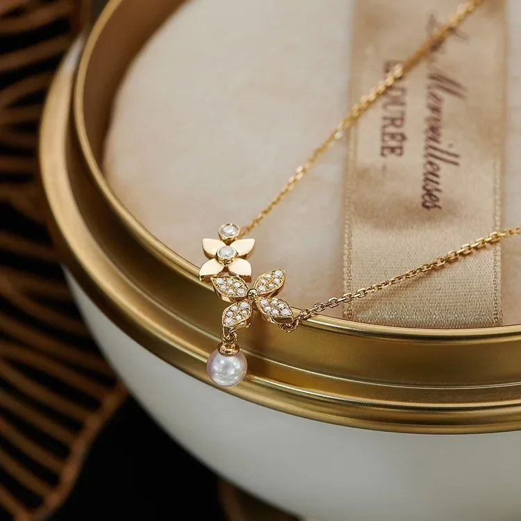 Flower World~ S925 Silver Plated 18K Gold Clover Zircon Bead Pearl Pendant Necklace Clavicle Chain Premium Sense