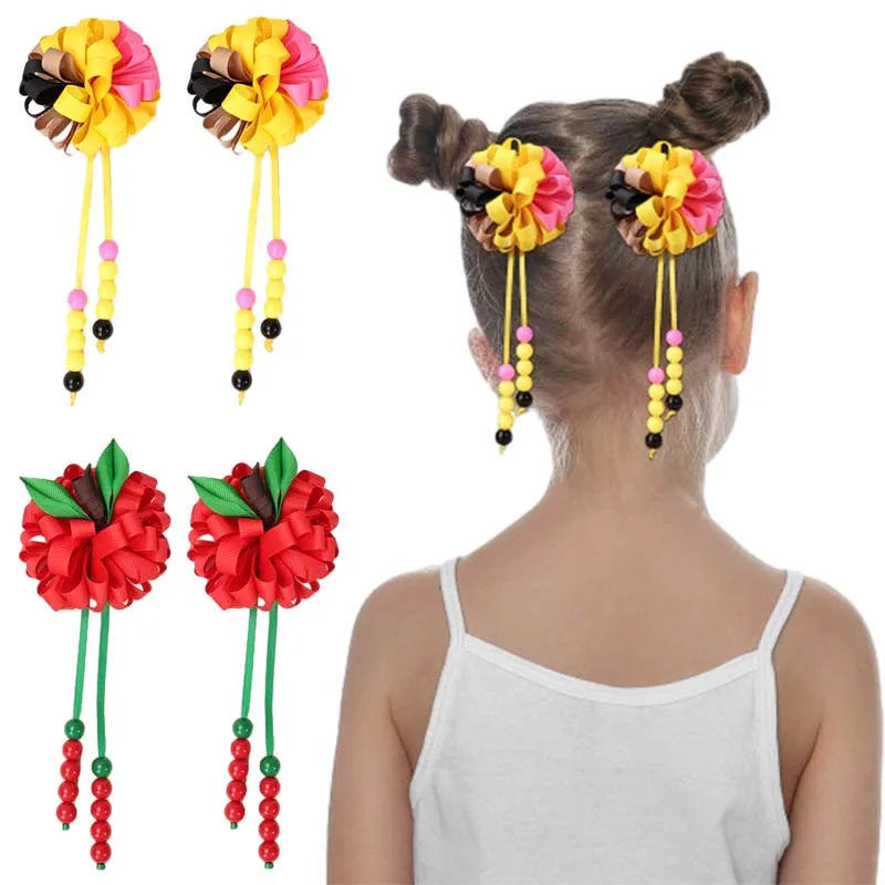 ncmama 2Pcs Ribbon Flower Hair Clips Back To School Hair Accessories Cute Teens Girls Tassel Pendant Hairpin Kids Headwear Gifts