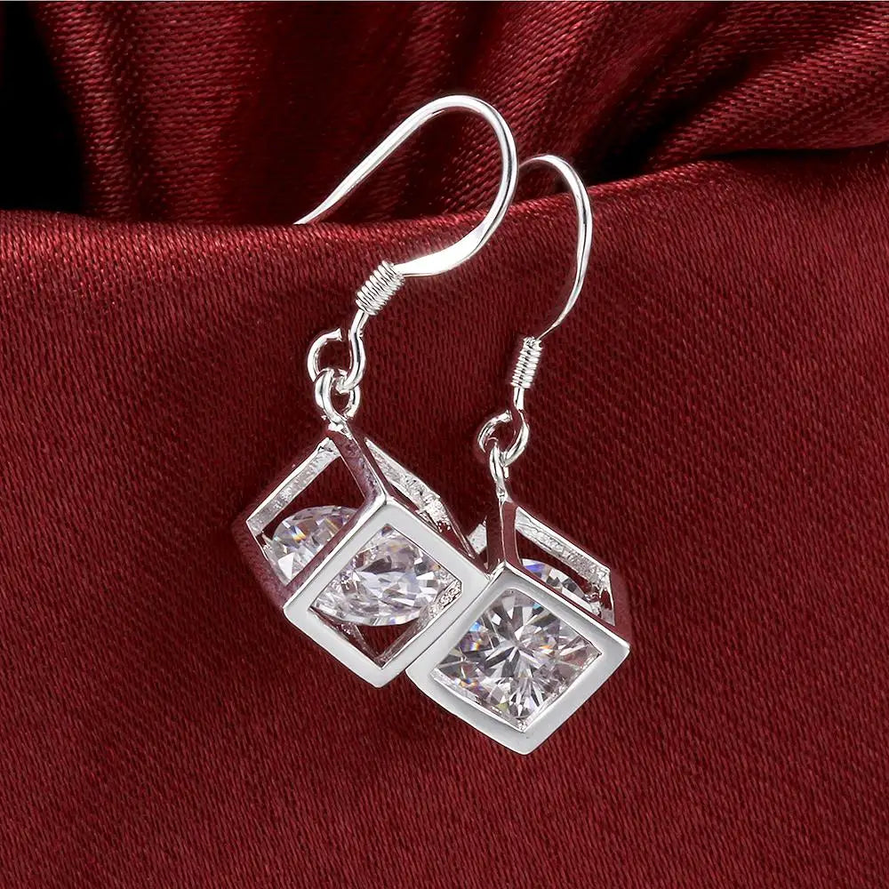 Hot 925 sterling silver earrings fine crystal lattice pendant necklace for woman jewelry sets fashion party wedding gifts
