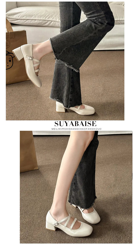 Casual Woman Shoe Female Footwear Shallow Mouth Low Heels Square Toe New Dress Retro On Heels Mary Janes Leisure Rubber High Sol