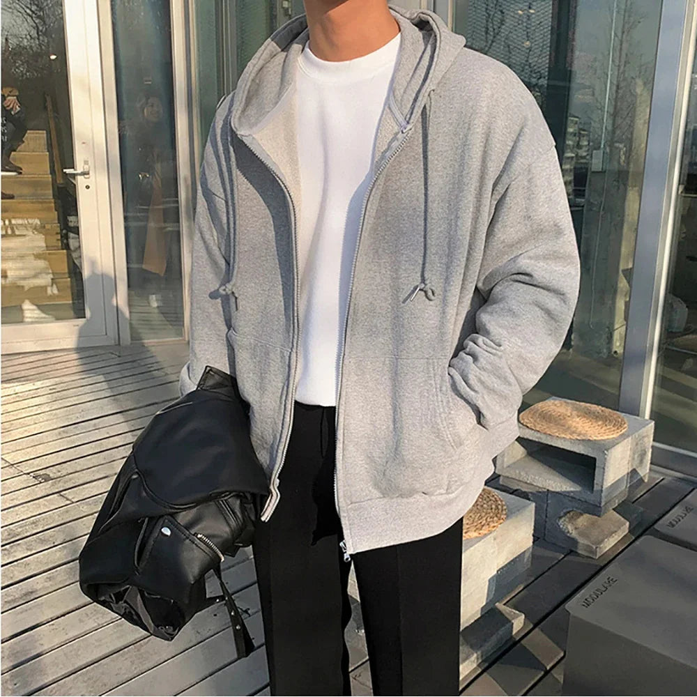 High Street Hoodie Men Solid Color Zip Up Long Sleeve Loose Jacket Coats Casual Hooded Sweatshirt Y2K Fashion Outdoor Clothes
