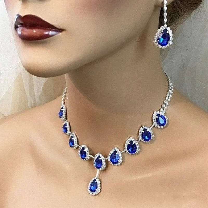 Trendy Blue Water Drop Rhinestones Women's Necklace With Silver Color Inlaid Zircon Pandent For Women Accessories