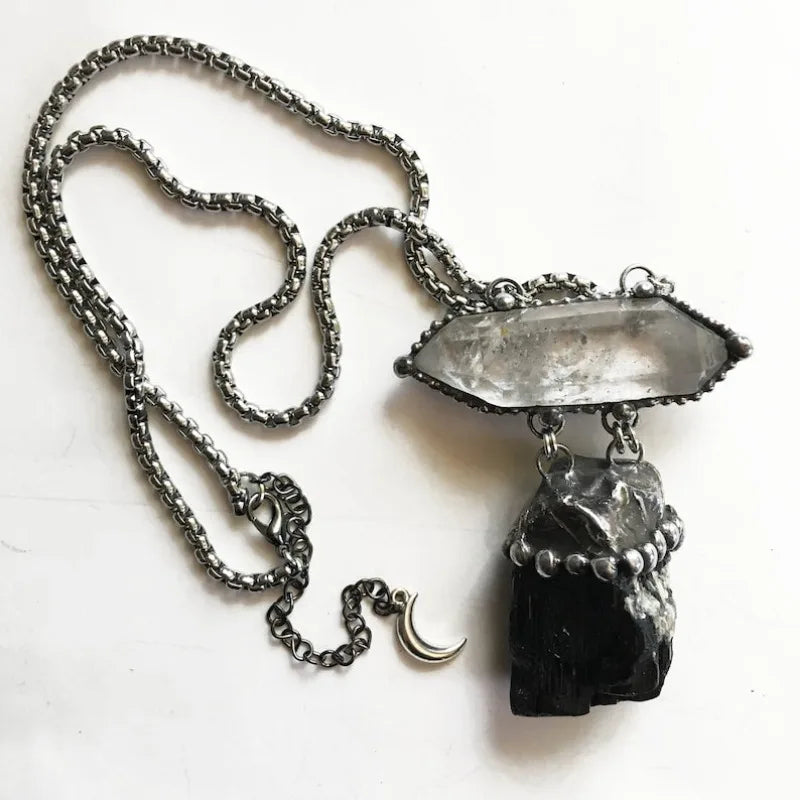 10pcs black tourmaline tibetan quartz crystal statement necklace goth wicca boho punk rock festival schorl unisex jewlery