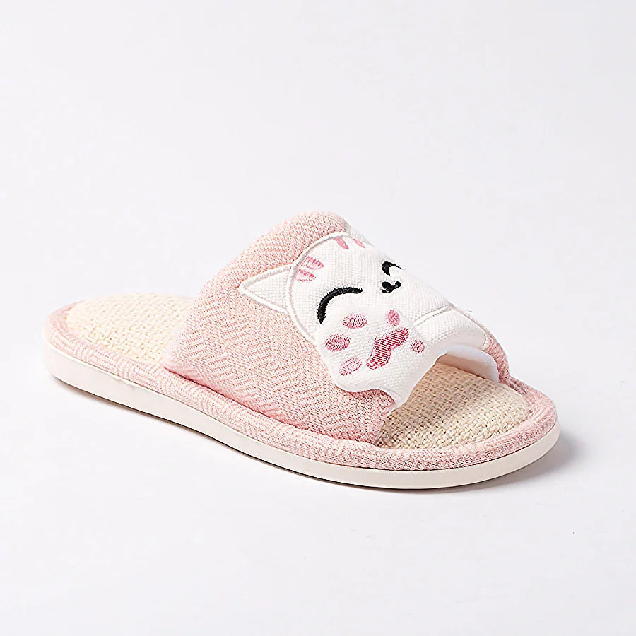 Cute Cat Platform Slippers Women Four Seasons New Linen Women's Thick Sandals Home Cartoon Slides Soft Non-slip Shoes 2024 New