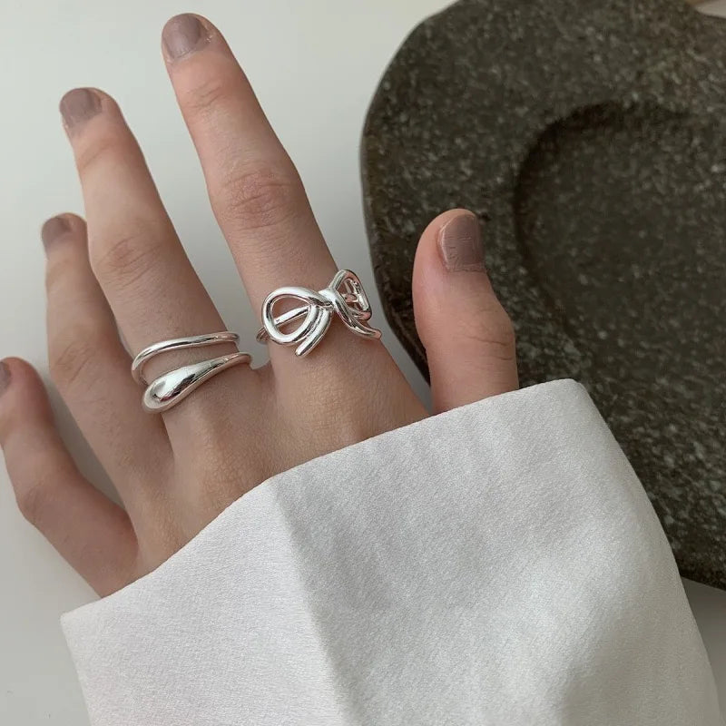 925 Sterling Silver Simple Ring For Women Fine Jewelry Finger Adjustable Open Vintage Hollow Bow Ring For Party Birthday Gift