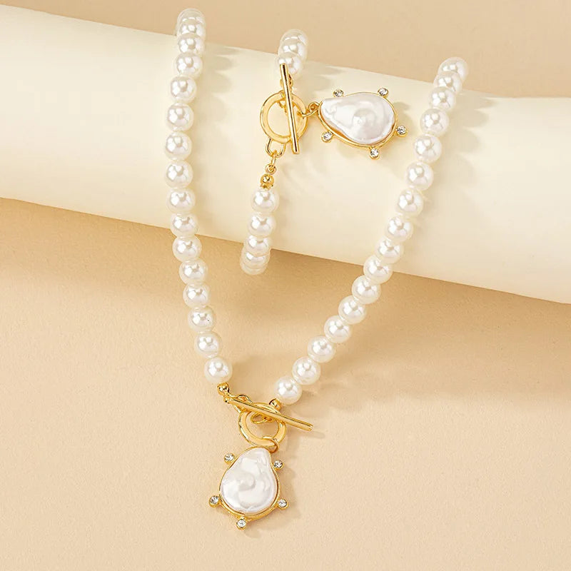 Irregular Imitation Pearl Pendant Bracelet Necklace Set For Women's Collarbone Chain Holiday Party Gift Fashion Jewelry AS007